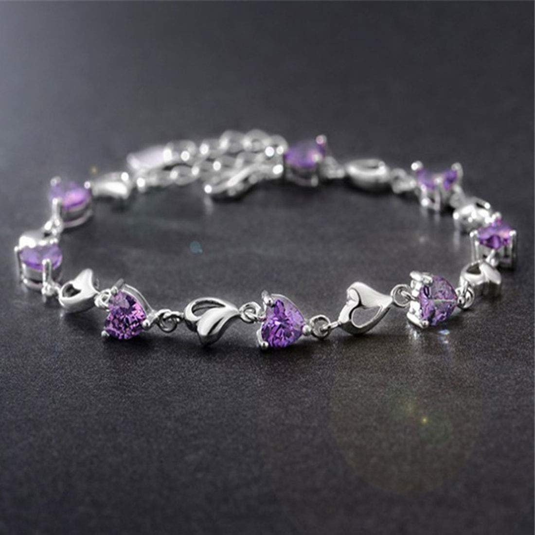 Rockyu ハートクリスタルブレスレット レディース – アレルギー対応 細身シルバーチェーン（全4色）