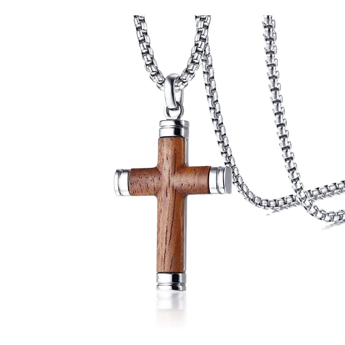 Rockyu ネックレス メンズ 十字架 シルバー チェーン チタン 梨花木 ブラウン クロス
