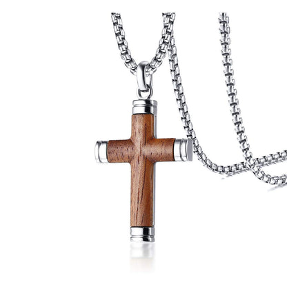 Rockyu ネックレス メンズ 十字架 シルバー チェーン チタン 梨花木 ブラウン クロス