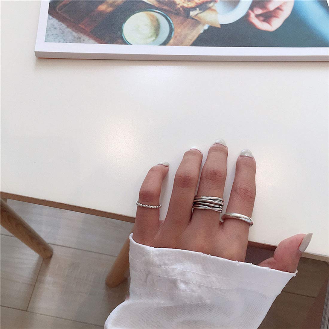 Rockyu レディース シルバー925 多連リング フリーサイズ 幅広デザイン