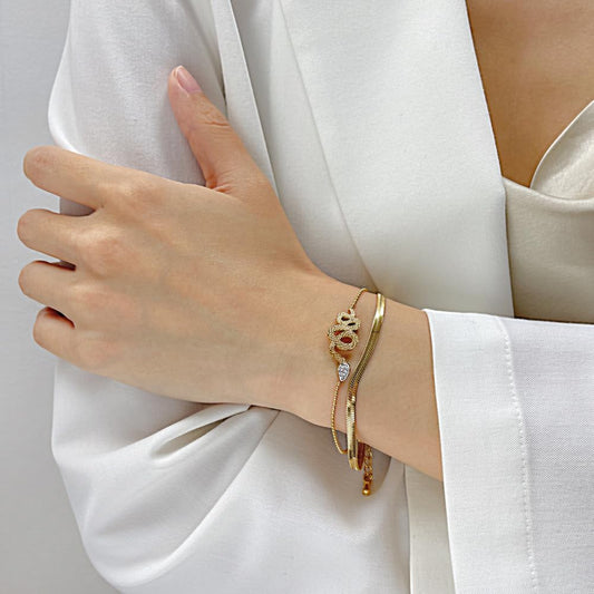 Rockyu ブレスレット レディース ゴールド 蛇モチーフ 2連ステンレス ジルコニアブレスレット