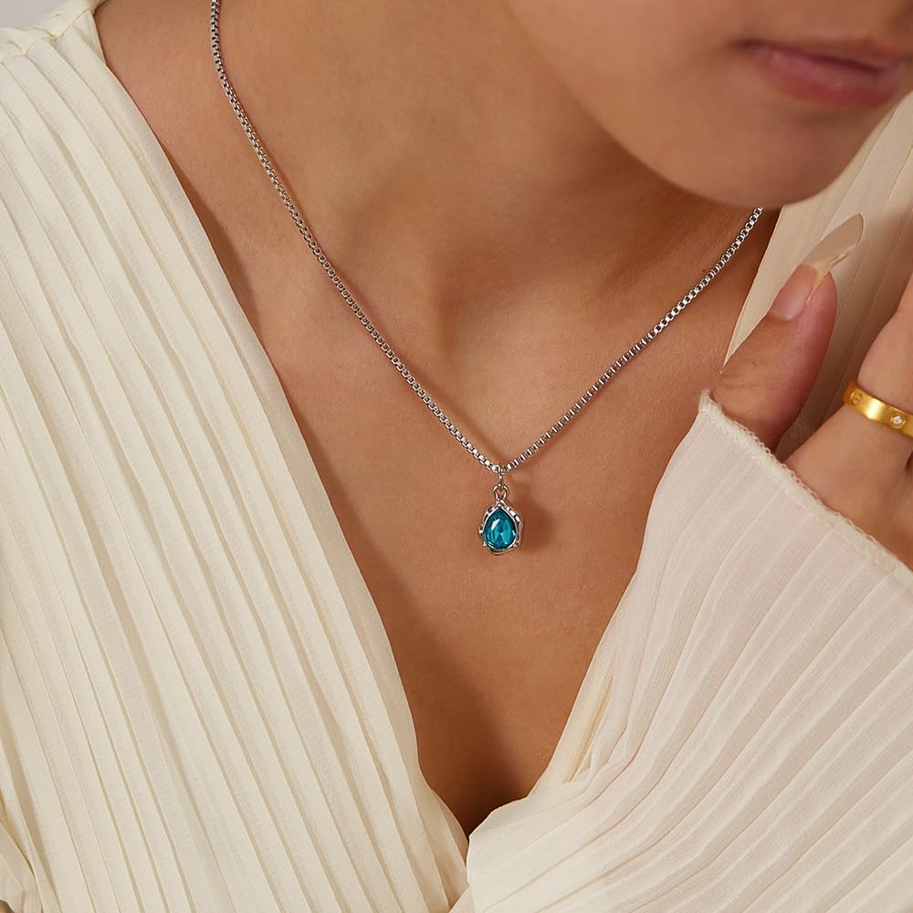 Rockyu ステンレス ペアシェイプ キュービックジルコニア レディースネックレス