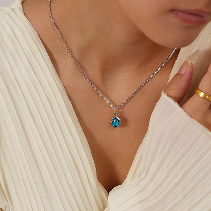 Rockyu ステンレス ペアシェイプ キュービックジルコニア レディースネックレス