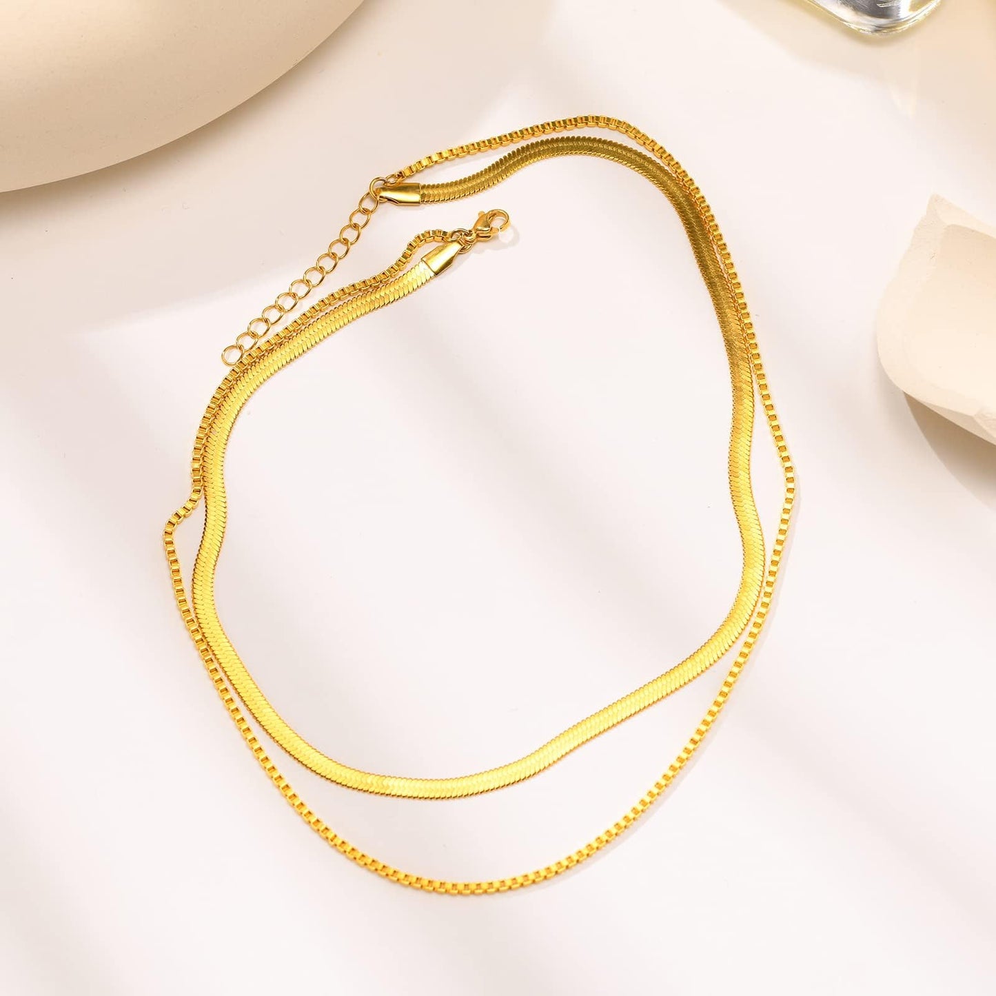 Rockyu ネックレス レディース 二連 スネークチェーン ベネチアンチェーン ゴールド/シルバー 4mm&2mm 調整可能 ステンレス 金属アレルギー対応