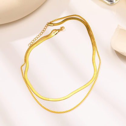 Rockyu ネックレス レディース 二連 スネークチェーン ベネチアンチェーン ゴールド/シルバー 4mm&2mm 調整可能 ステンレス 金属アレルギー対応