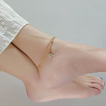 Rockyu アンクレット レディース ステンレス製 ゴールド デイジーチャーム ダブルレイヤー 調整可能 アレルギー対応