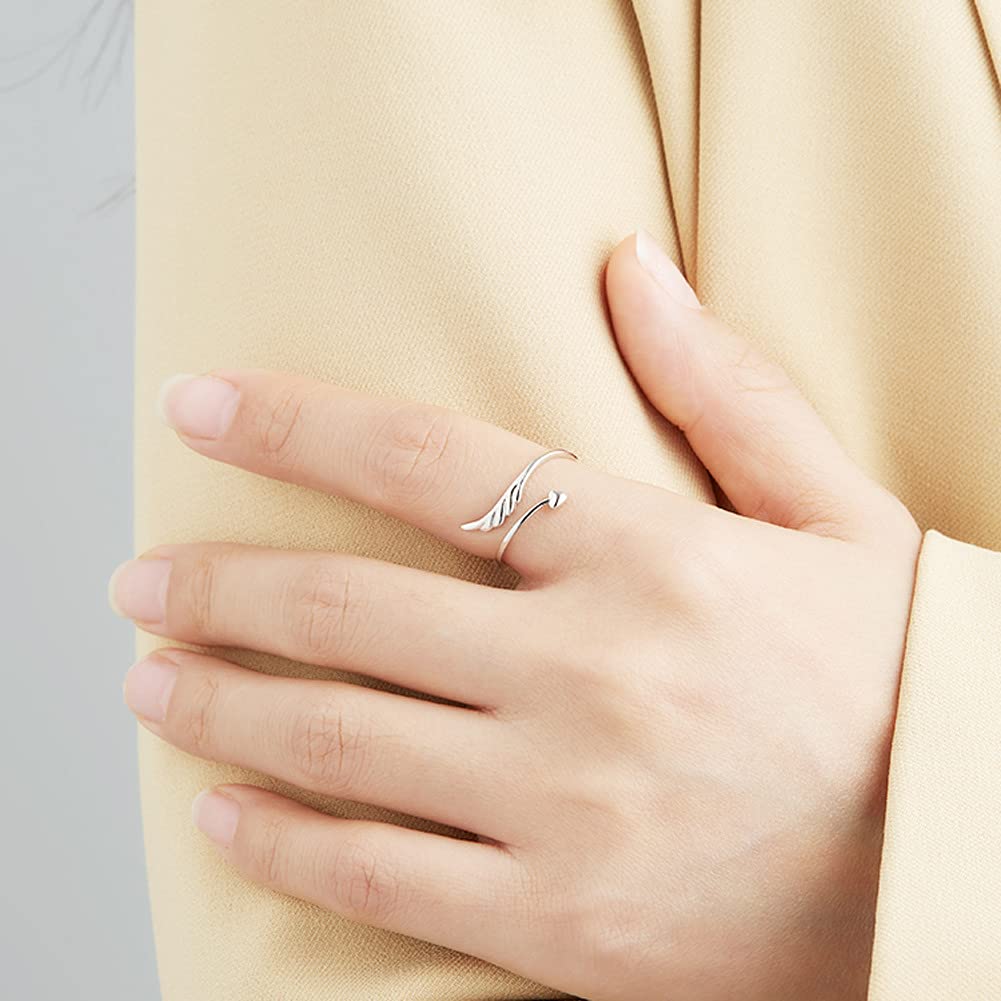 Rockyu 天使の羽 シルバー925 レディースリング フリーサイズ 上品可愛い純銀リング