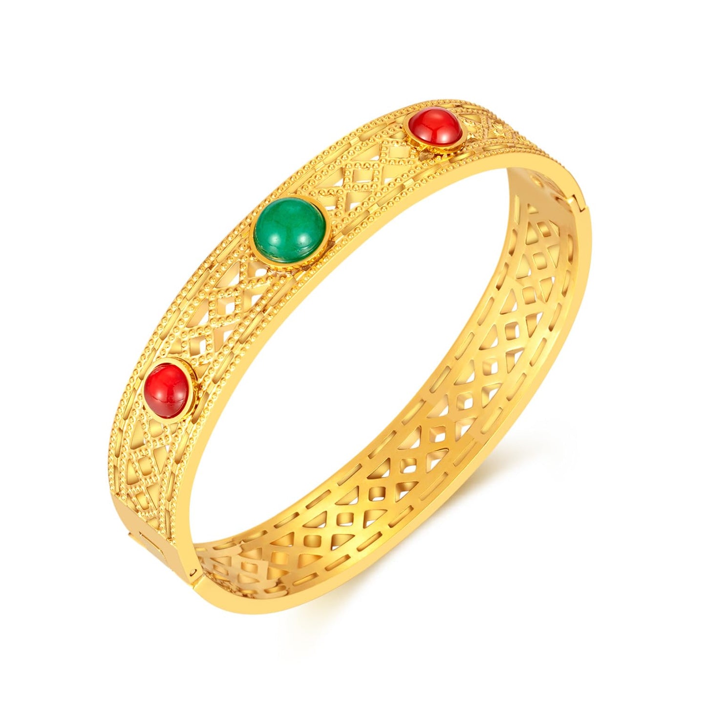 Rockyu レディース バングル 太め 透かし彫り 天然石 ゴールド・シルバー ステンレス 金属アレルギー対応