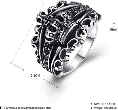 Rockyu クラウンクロスステンレスリング メンズ｜ゴシックブラック王冠デザイン指輪