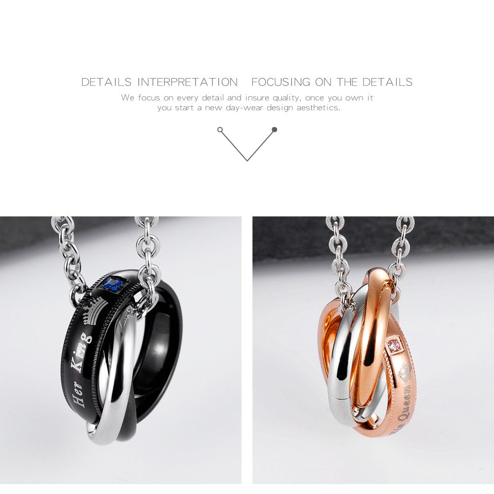 Rockyu Her King & His Queen ペアネックレス｜ステンレススチールリングペンダント｜カップルジュエリー