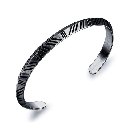 Rockyu C型ブレスレット メンズ ステンレス製 彫刻風 シルバーバングル ニューヨークスタイル