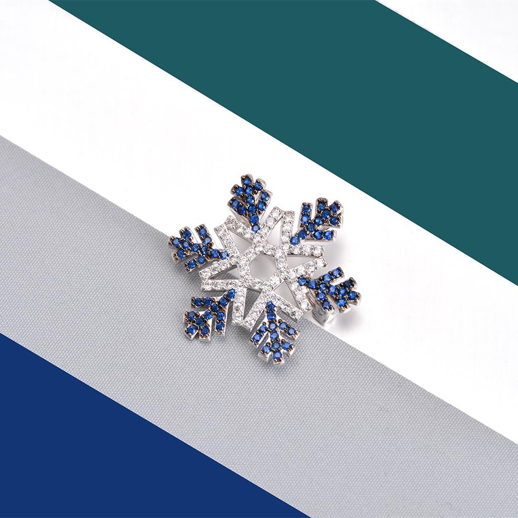 Rockyu ブローチ 男女兼用 雪の結晶 シルバー ブルー＆クリア ジルコニア ピンバッジ