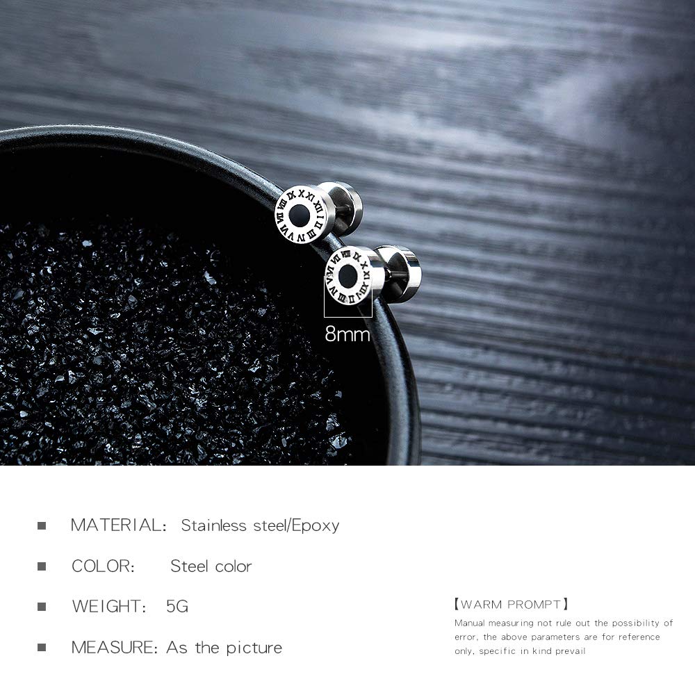 Rockyu ピアス メンズ 両耳 ローマ数字 ブラック ステンレス スタッド 金属アレルギー対応