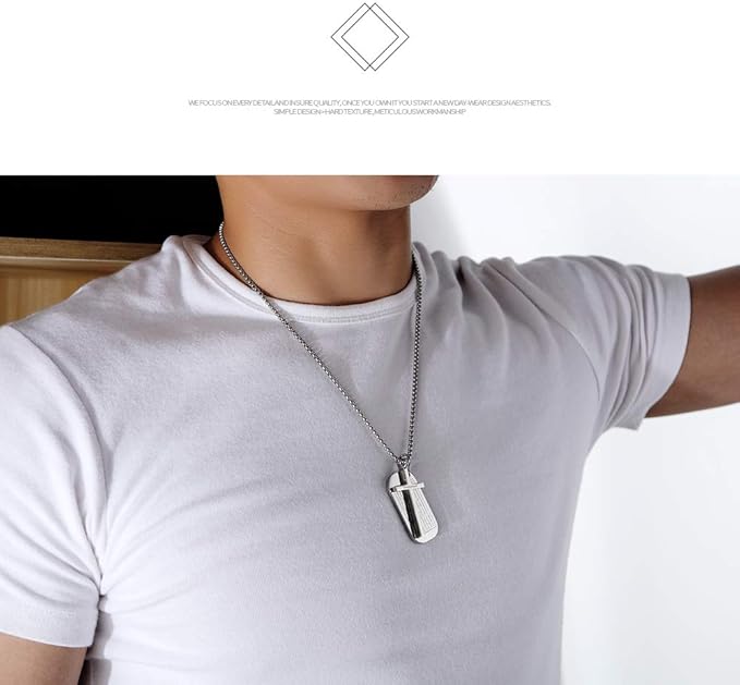 Rockyu ネックレス メンズ クロスプレート ブラック&シルバー ステンレス製