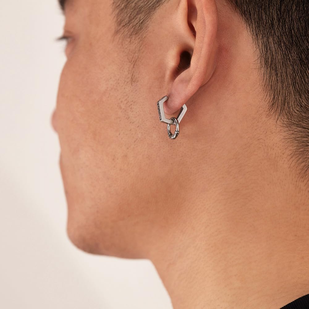 Rockyu ピアス メンズ ステンレス 六角形デザイン 彫刻入り 二重リング シルバー アレルギー対応