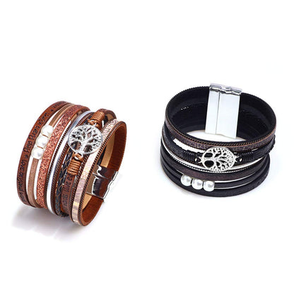 【生命の木ブレス】多重レザーブレスレット｜レディース アンティーク風 パール付き（全5色）