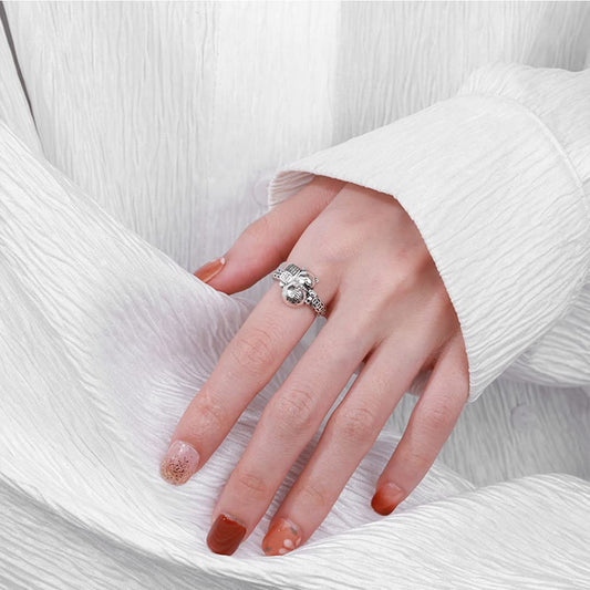 Rockyu 招き猫リング レディース フリーサイズ シルバー 銅銭モチーフ 文字刻印 調節可能