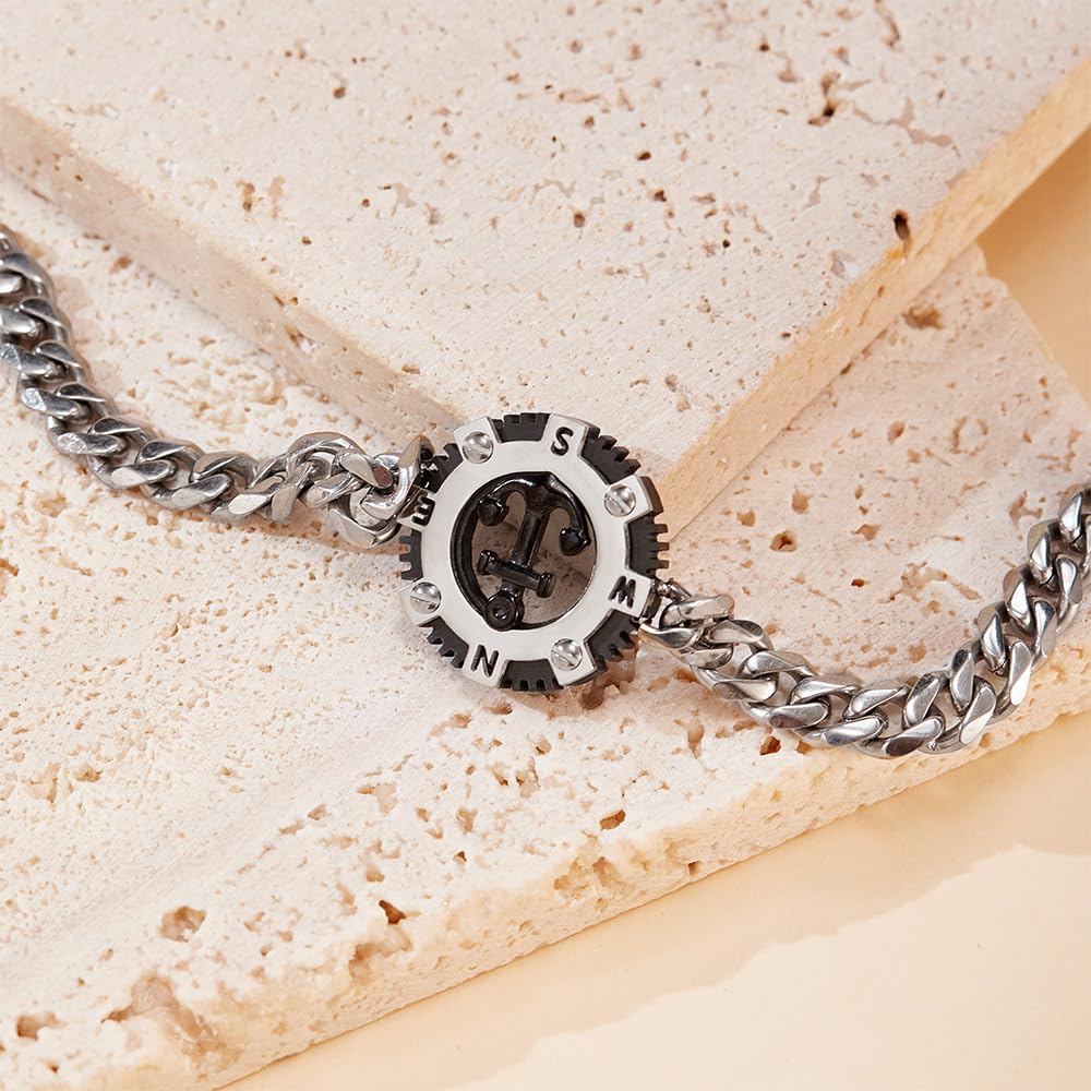 Rockyu ステンレス 錨コンパスデザイン メンズブレスレット 喜平チェーン