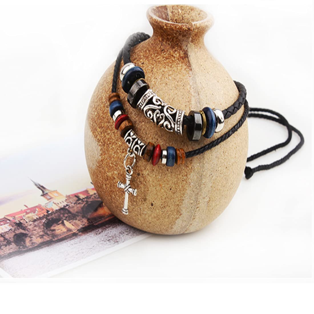 Rockyu ネックレス メンズ 十字架ペンダント レザー紐 民族風 編み込み 二連デザイン