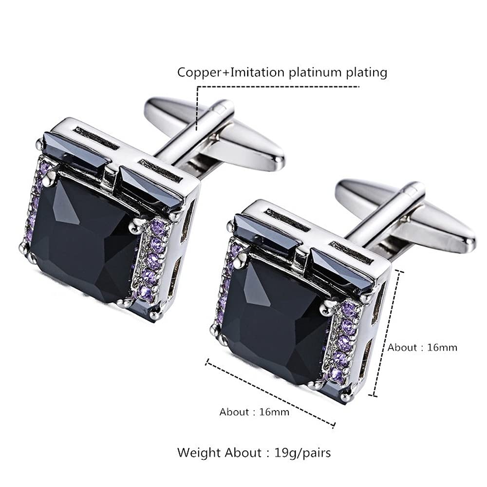 Rockyu メンズカフス ブラックオニキス風ストーンと紫ジルコニアの正方形カフリンクス