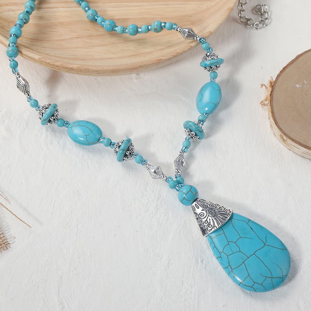 Rockyu ターコイズネックレス｜天然トルコ石×シルバー調ペンダント レディース・メンズ兼用