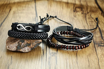 Rockyu ブレスレット メンズ 多重巻き 無限大 インフィニティ PUレザー 木製ビーズ 編み込み 幅広バングル アジアンエスニック ファッションアクセサリー