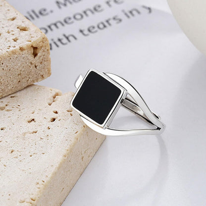 Rockyu シルバー925リング 正方形ブラックストーン 男女兼用 フリーサイズリング