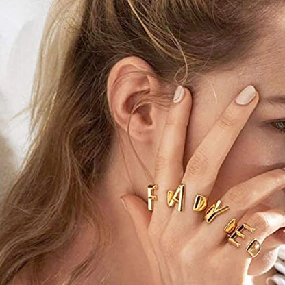 Rockyu イニシャルリング A〜Z選べる 太めゴールド フリーサイズステンレス指輪