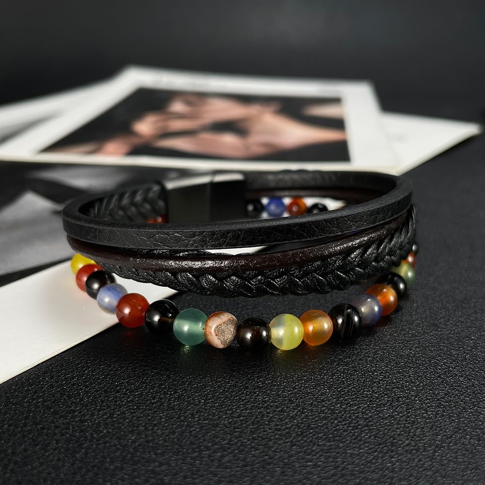 [Rockyu] ブレスレット メンズ 3連 レザー 編み込み 数珠 ビーズ ステンレス マグネット留め 金属アレルギー対応