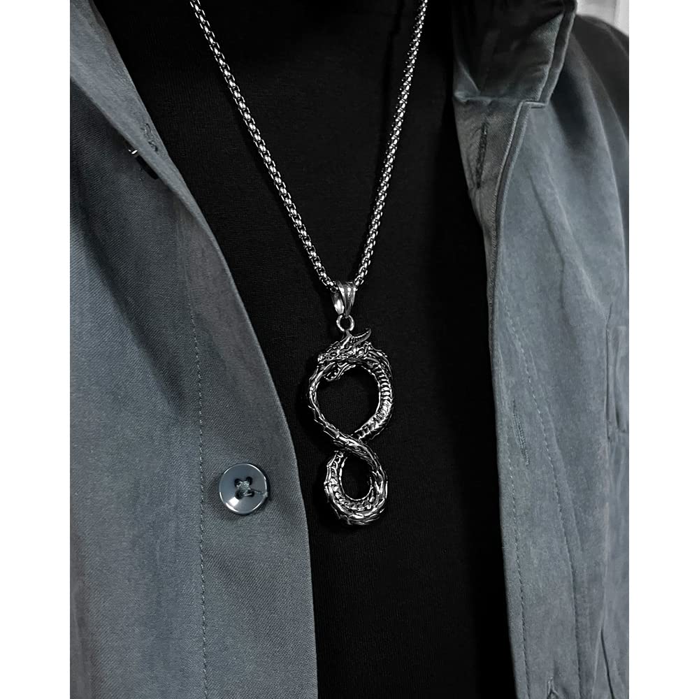Rockyu ネックレス メンズ シルバー 龍モチーフ 無限大ペンダント ステンレス製 金属アレルギー対応 チェーン55cm