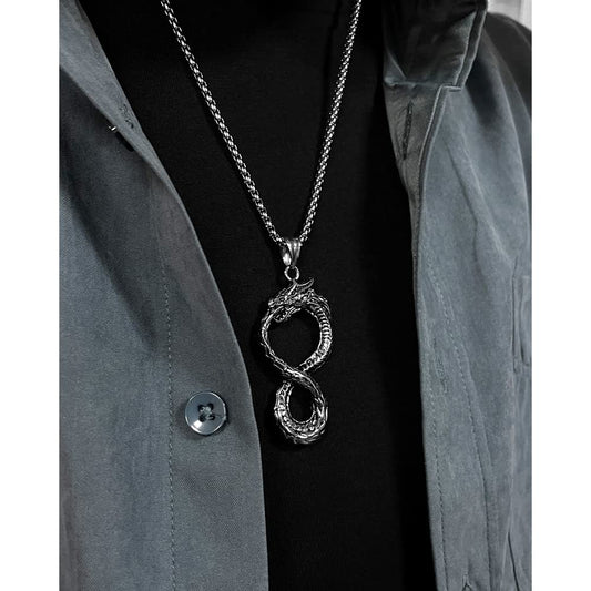 Rockyu ネックレス メンズ シルバー 龍モチーフ 無限大ペンダント ステンレス製 金属アレルギー対応 チェーン55cm