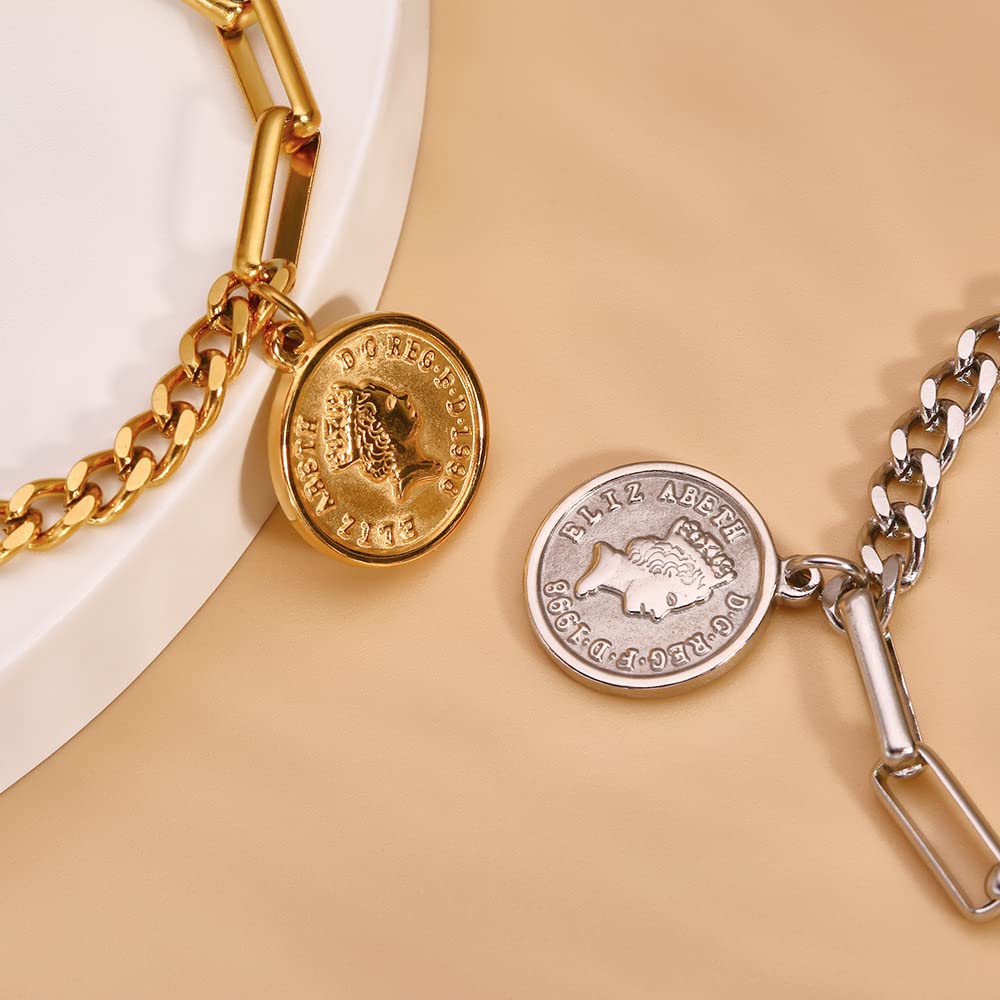 Rockyu ブレスレット レディース ピンクゴールド 18k 女王 エリザベス コインブレスレット おしゃれ ペンダント 十字架風チェーン 誕生日 パーティー プレゼント アクセサリー (ピンクゴールド)