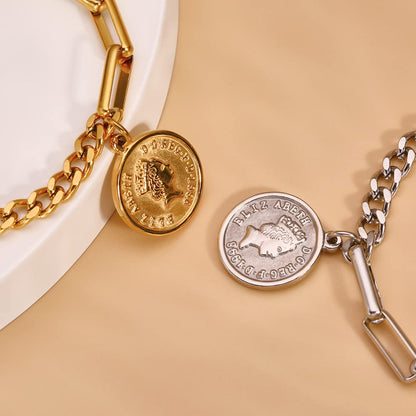 Rockyu ブレスレット レディース ピンクゴールド 18k 女王 エリザベス コインブレスレット おしゃれ ペンダント 十字架風チェーン 誕生日 パーティー プレゼント アクセサリー (ピンクゴールド)