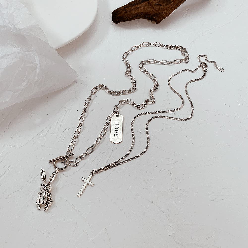 Rockyu レディースネックレス うさぎとくまの二連ロングチェーンペンダント