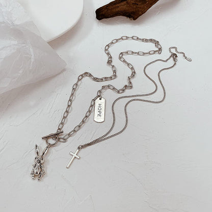 Rockyu レディースネックレス うさぎとくまの二連ロングチェーンペンダント