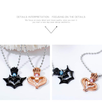 Rockyu 王冠ハートペアネックレス｜クラウン×サファイア風デザインのカップルジュエリー