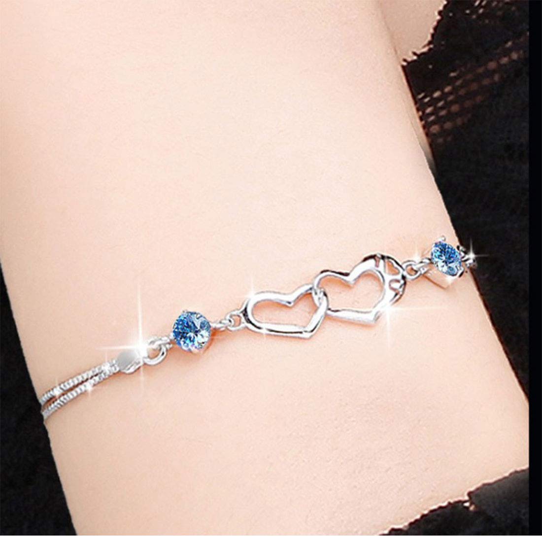 Rockyu レディースブレスレット シルバー ハート ジルコニア サファイア 腕輪