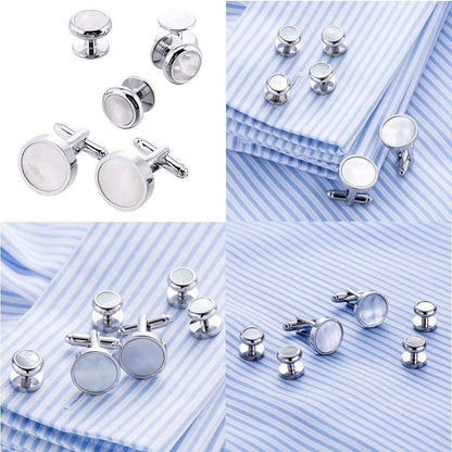 Rockyu メンズ カフスボタン セット 白蝶貝 ステンレス ゴールド シルバー スタッド 結婚式 ビジネス
