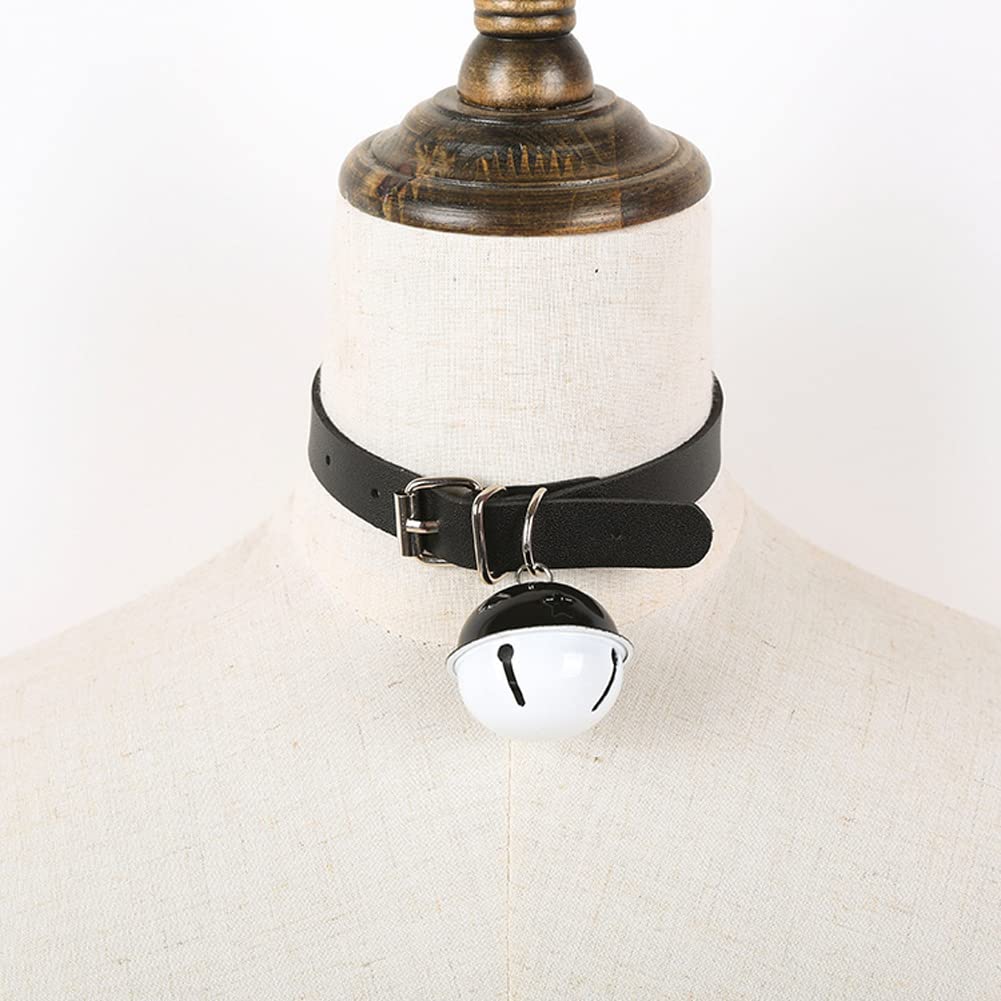 Rockyu 本革鈴付きチョーカー レディース 黒白