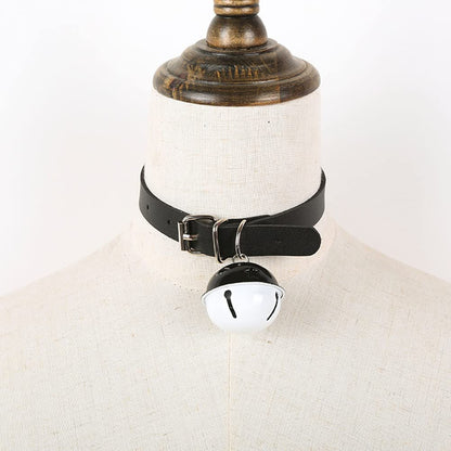 Rockyu 本革鈴付きチョーカー レディース 黒白