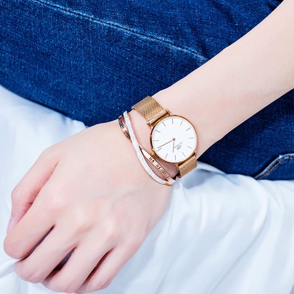 Rockyu ブレスレット レディース ピンクゴールド バングル ジルコニア 交差デザイン ローマ数字入り