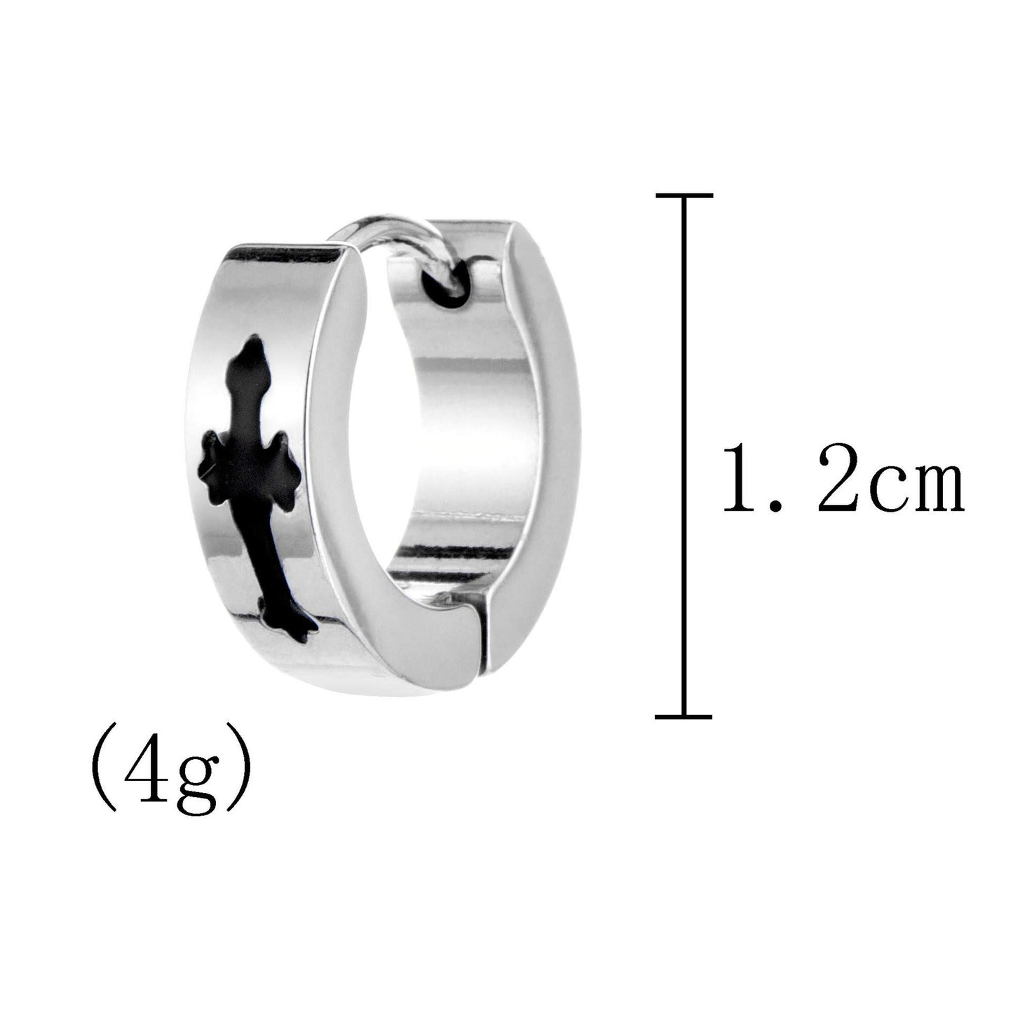 Rockyu メンズフープピアス シルバー クロスデザイン ブラックインレイ ステンレス製 金属アレルギー対応