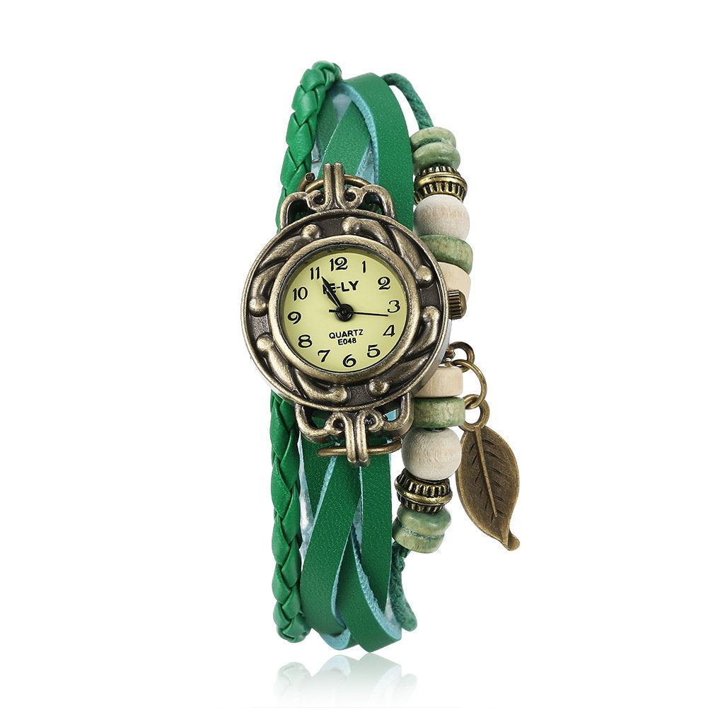 Rockyu リーフチャーム付き レザーブレスレットウォッチ【全7色・手作り】