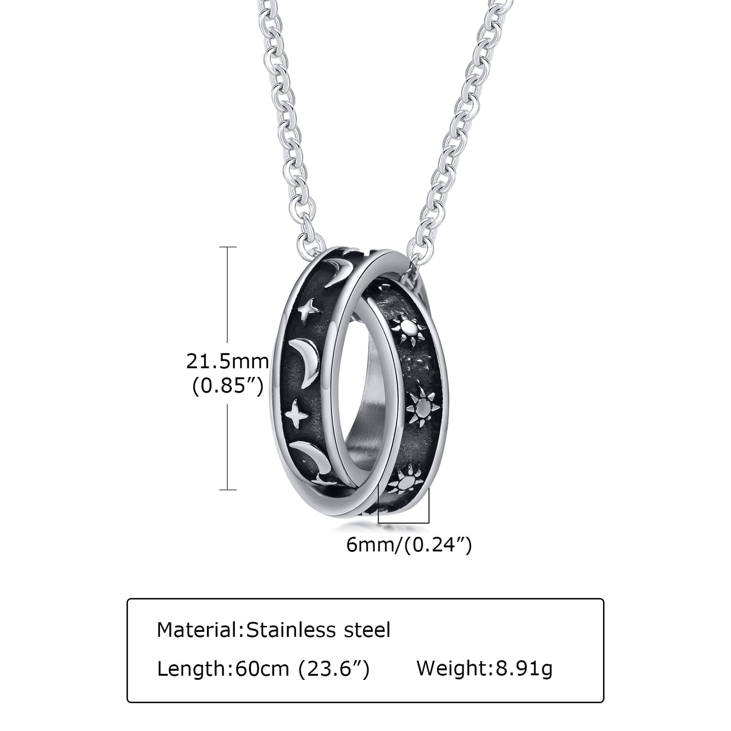 Rockyu ネックレス メンズ 月と太陽 ダブルリング ステンレス製 アレルギー対応 おしゃれペンダント