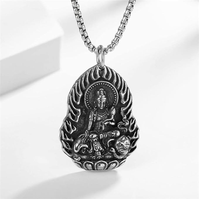 Rockyu 観音菩薩ネックレス メンズ 316Lステンレス製 お守りペンダント シルバー仕上げ