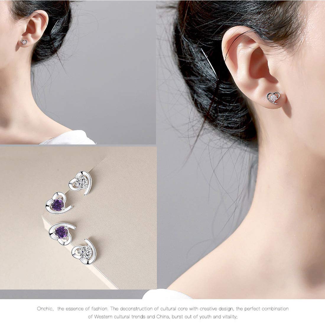 Rockyu ピアス レディース シルバー925 ハートモチーフ 一粒ジルコニア 両耳セット 純銀アクセサリー