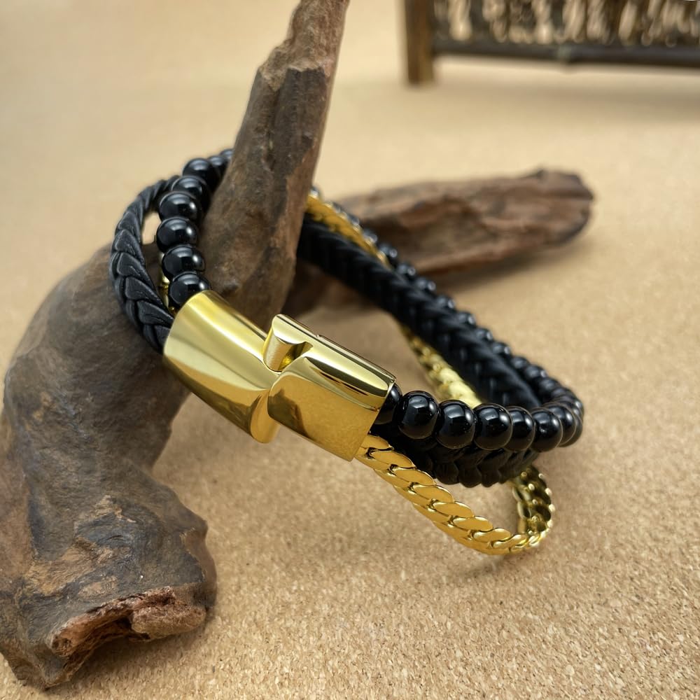 Rockyu メンズ 3連ブレスレット 喜平チェーン×ビーズ×編み込みレザー ゴールド×ブラック ステンレス 金属アレルギー対応
