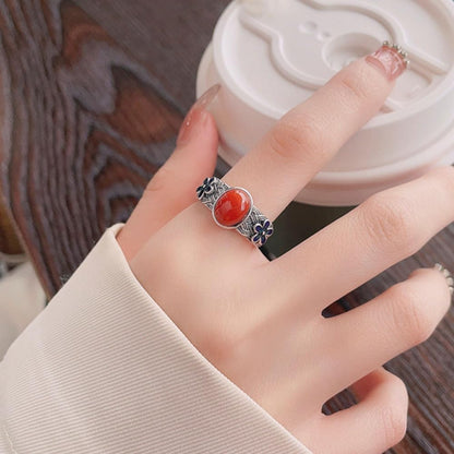 Rockyu 赤瑪瑙×ブルー桜 シルバー925リング 太め ヴィンテージ風 フリーサイズ