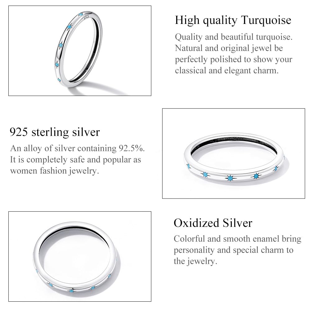 Rockyu ターコイズスターリングシルバーリング レディース 星モチーフ 細身デザイン