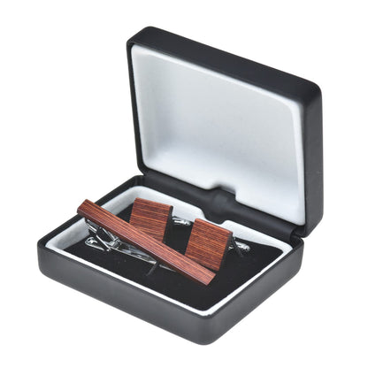 Rockyu メンズ ネクタイピン＆カフスセット 木製デザイン ブルー＆ブラウン スーツアクセサリー